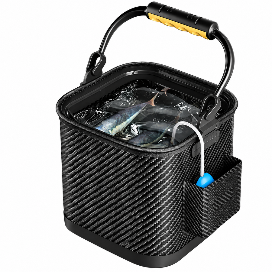 Collapsible Fishing Bucket, Portable Fish & Bait Container with Carry Handle, Zippered Top & Side Pocket