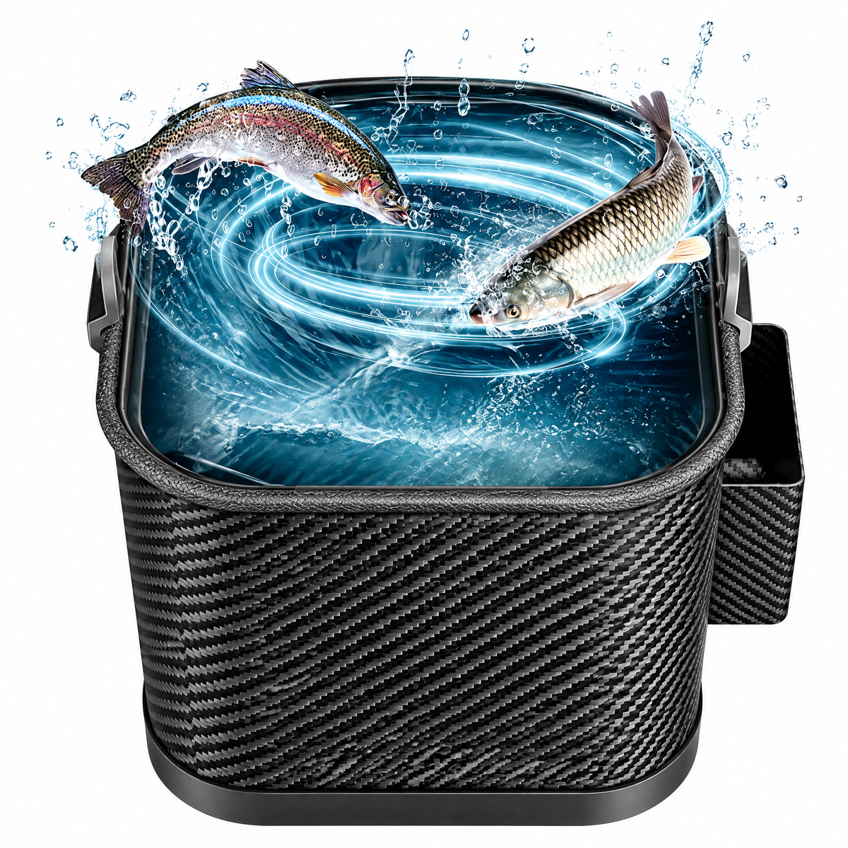 Collapsible Fishing Bucket, Portable Fish & Bait Container with Carry Handle, Zippered Top & Side Pocket