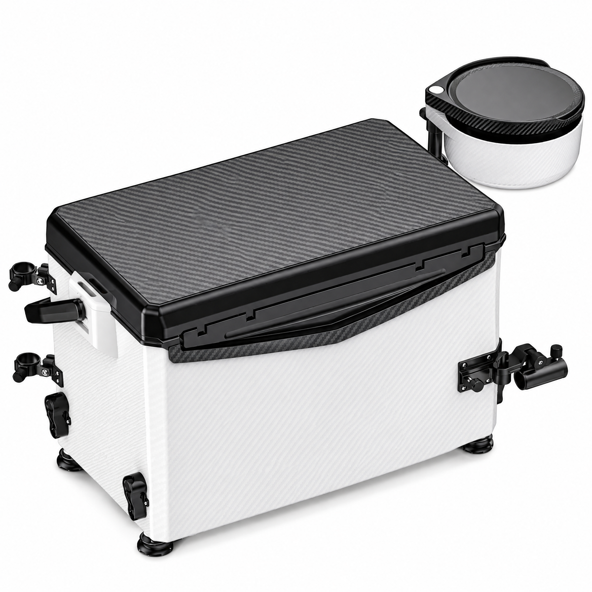 2600S Fishing Seat Box, Portable Hard-Shell Tackle Storage with Carbon-Pattern Lid & Adjustable Legs