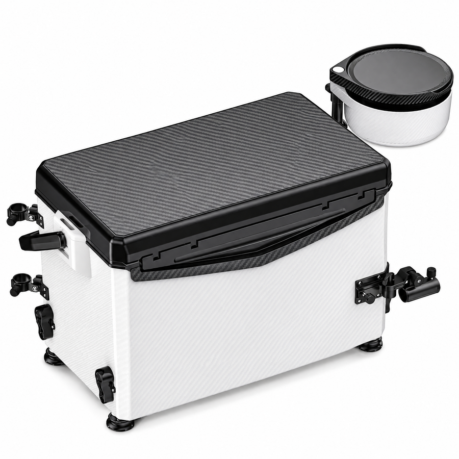 2600S Fishing Seat Box, Portable Hard-Shell Tackle Storage with Carbon-Pattern Lid & Adjustable Legs