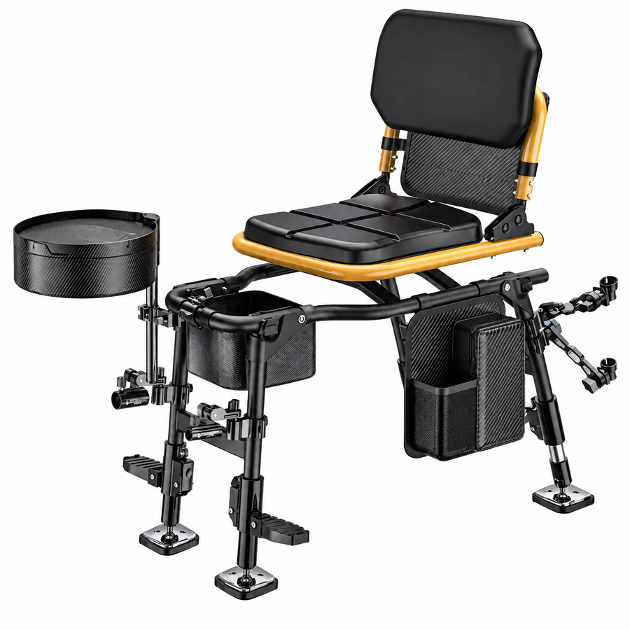 S6 Swivel Fishing Chair, Portable U-Frame Padded Fishing Seat with Folding Backrest & Adjustable Legs