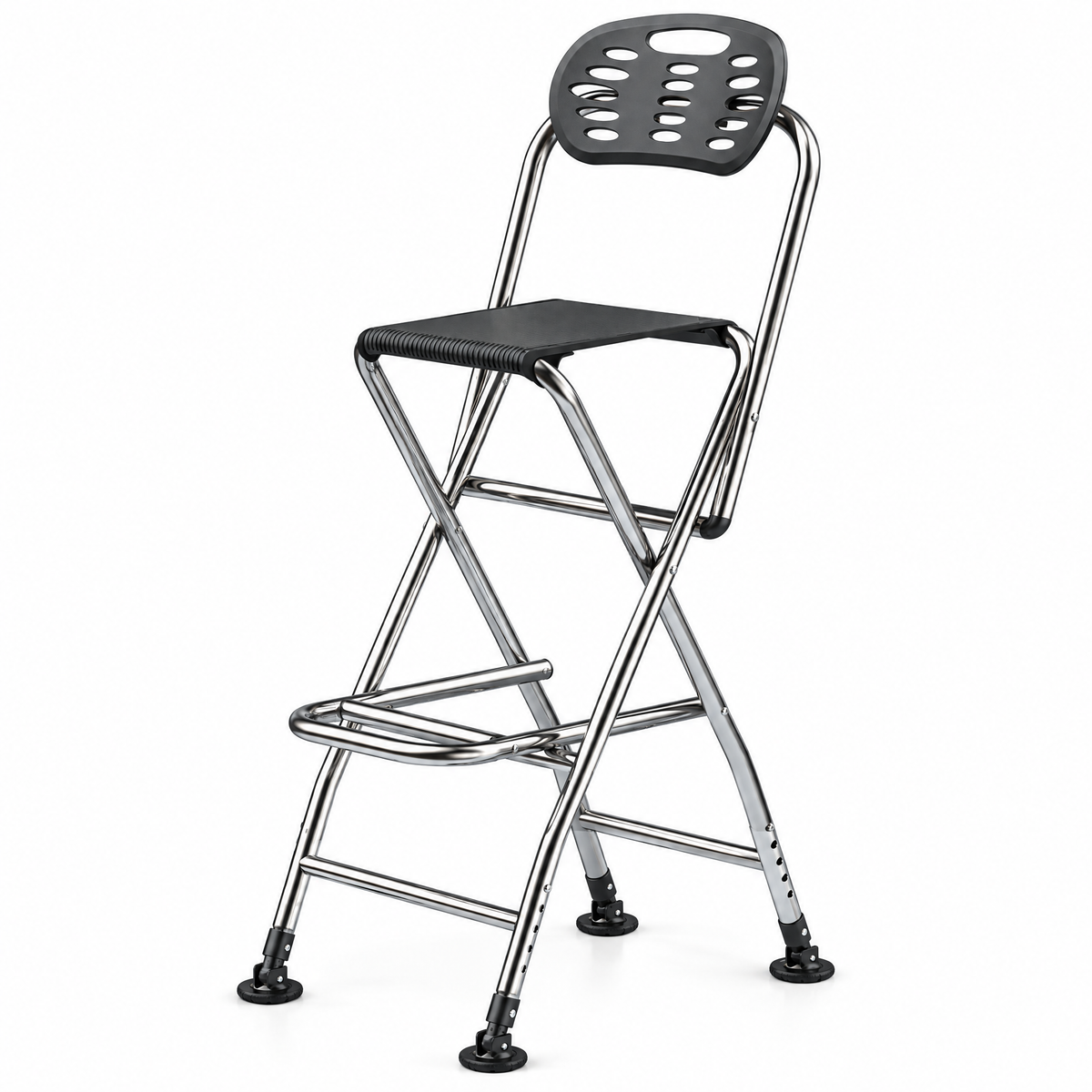 Stainless Steel Folding Fishing Chair, Compact High-Seat Stool with Backrest for Pier & Bank Fishing